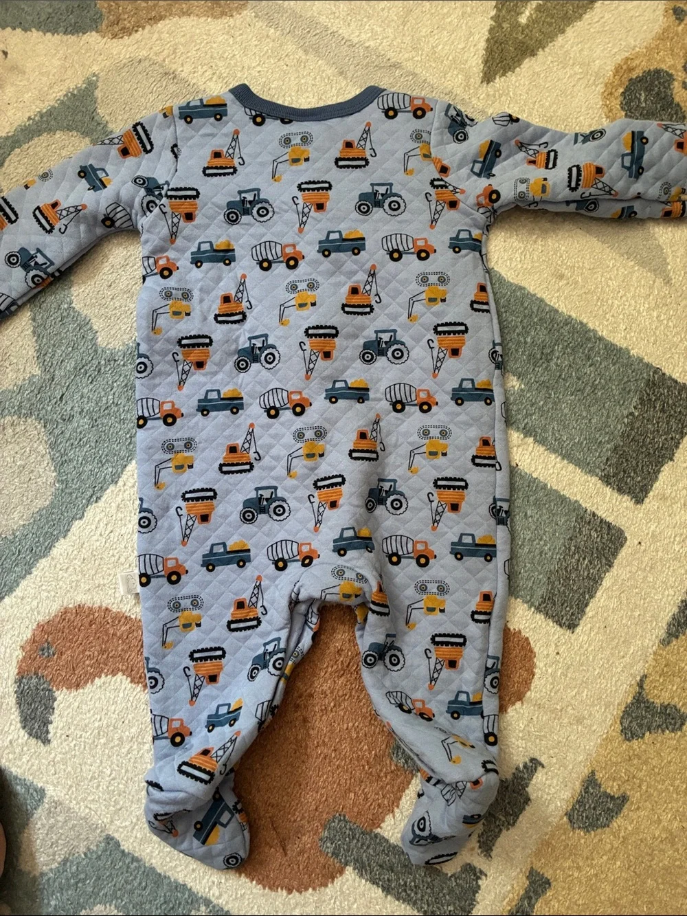 Blue Quilted Construction-Print Footed One-Piece